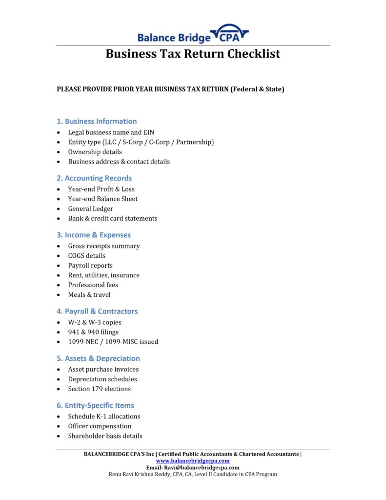 Balance Bridge CPA Check list